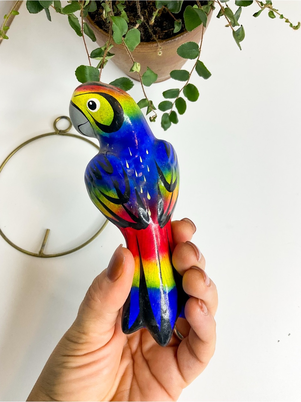 VINTAGE Mexican Folk Art Hand Painted Parrot Hanging Bird Ornament - Small